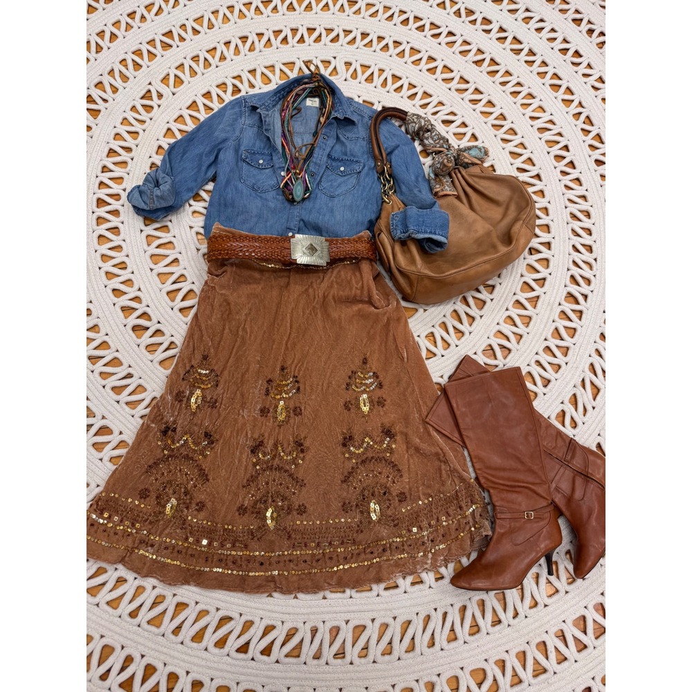 Carole Little Crushed Velvet Beaded Bohemian‎ Skirt Sz M/L